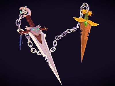 Colorful Fantasy Weapons With Chain Linked Sword And Dagger Decorative Details 3d model