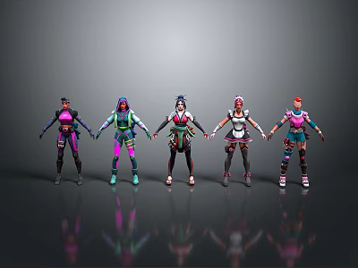 Five Colorful 3D Game Characters Standing With Different Outfits And Detailed Designs 3d model