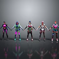 Five Colorful 3D Game Characters Standing With Different Outfits And Detailed Designs