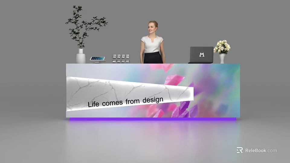 Modern Reception Desk With Colorful Decoration Green Plant Laptop Flower Vase And Woman 3d model 