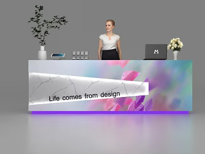 Modern Reception Desk With Colorful Decoration Green Plant Laptop Flower Vase And Woman 3d model
