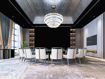 Luxurious Private Dining Room With Long Table White Chairs And Crystal Chandelier 3d model