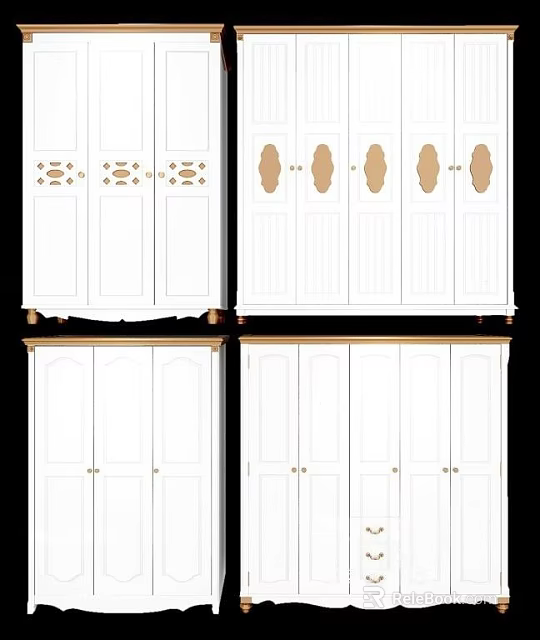 Modern White Wardrobe Designs With Gold Accents And Various Door Styles 3d model 