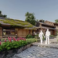 Traditional Garden Space With Thatched Roof Architecture Stone Path Green Plants And Pedestrians