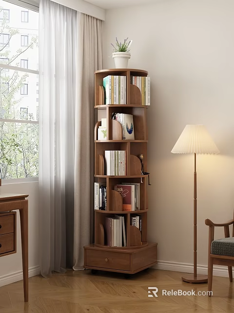 Rotating Wooden Decorative Cabinet With Multiple Shelves Books And Decorative Items In Living Room 3d model 