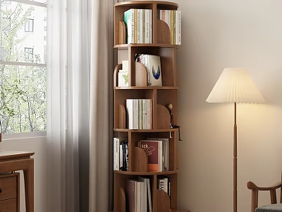 Rotating Wooden Decorative Cabinet With Multiple Shelves Books And Decorative Items In Living Room 3d model