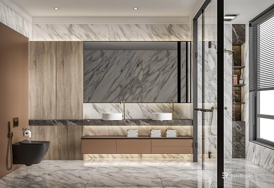 Luxurious Modern Bathroom Interior With Marble Walls Double Sinks Wooden Countertop And Free Standing Bathtub 3d model 