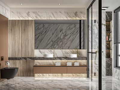 Luxurious Modern Bathroom Interior With Marble Walls Double Sinks Wooden Countertop And Free Standing Bathtub 3d model
