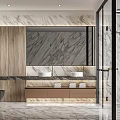 Luxurious Modern Bathroom Interior With Marble Walls Double Sinks Wooden Countertop And Free Standing Bathtub