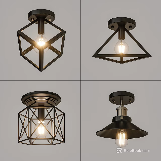 Modern Industrial Ceiling Lights With Diamond Triangular Geometric Funnel Shapes And Exposed Bulbs 3d model 