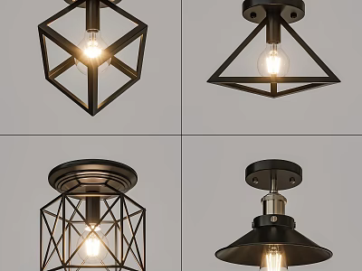 Modern Industrial Ceiling Lights With Diamond Triangular Geometric Funnel Shapes And Exposed Bulbs 3d model