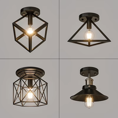 Modern Industrial Ceiling Lights With Diamond Triangular Geometric Funnel Shapes And Exposed Bulbs 3d model