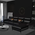 Gray Leather L Shaped Sofa and Round Coffee Table Set with Circular Wall Clock
