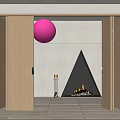 Wooden Folding Doors Open In Modern Living Space With Fireplace And Decorative Pink Ball