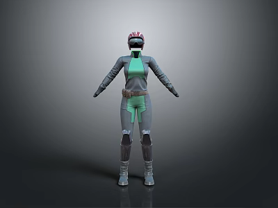 Woman in futuristic sci-fi costume with helmet green top and gray pants 3d model