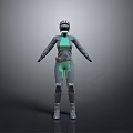Woman in futuristic sci-fi costume with helmet green top and gray pants
