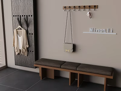 Wooden Shoe Bench With Three Seats Coat Hooks And Minotti Sign On Tile Floor 3d model
