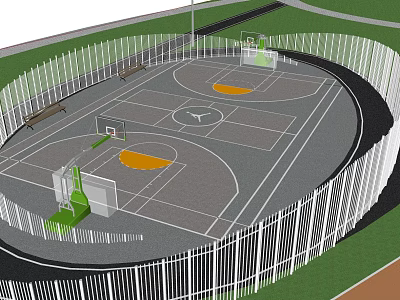 Outdoor Fenced Basketball Court With Multiple Hoops Gray Surface And Surrounding Benches 3d model