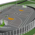Outdoor Fenced Basketball Court With Multiple Hoops Gray Surface And Surrounding Benches