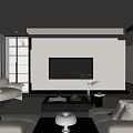 Modern Living Room Interior with Beige Sofas Large Windows TV Coffee Tables and Plant
