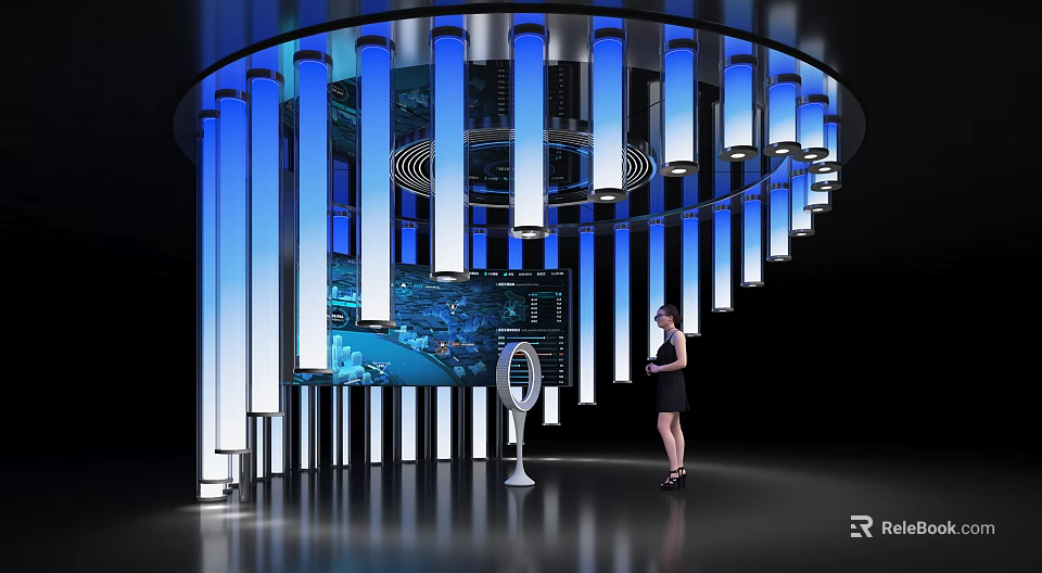 Futuristic Tech Display Space With Circular Structure Blue Pillars Large Screen And Woman Operating 3d model 