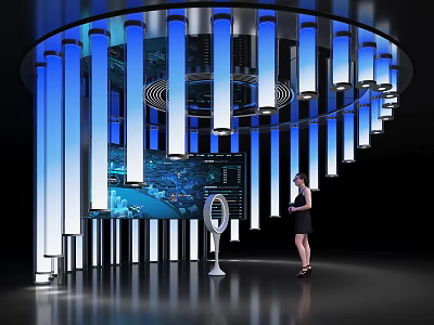 Futuristic Tech Display Space With Circular Structure Blue Pillars Large Screen And Woman Operating 3d model