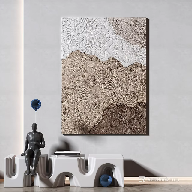 Textured Brown White Wall Art With Black Statue Blue Sphere White Stand 3d model