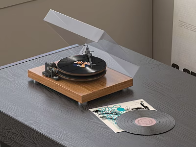 Stylish Vinyl Turntable Audio System With Wooden Base And Transparent Cover 3d model