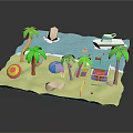 Cartoon Beach Scene With Palm Trees Colorful Umbrella White Boat And Lifeguard Hut