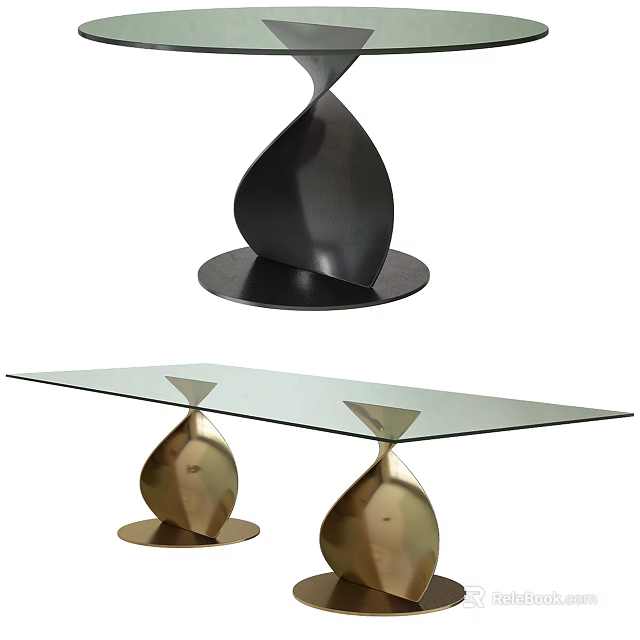 Modern Dining Table With Glass Top And Sculptural Metal Bases Design 3d model 