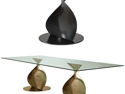 Modern Dining Table With Glass Top And Sculptural Metal Bases Design 3d model