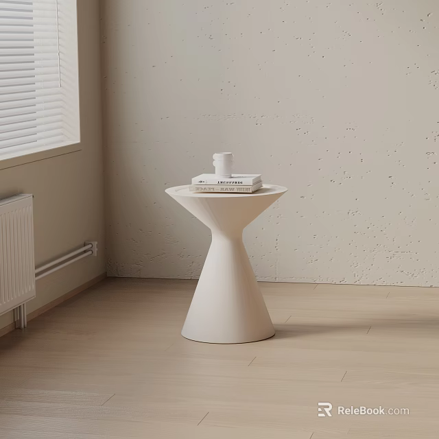 White Conical Base Side Table With Books And Cup In Room Corner By Window Blinds 3d model 