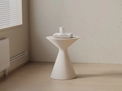White Conical Base Side Table With Books And Cup In Room Corner By Window Blinds 3d model