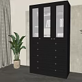 Modern Black Bookcase With Glass Doors Drawers And Gold Handles Near Green Plant