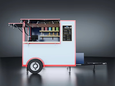 Stylish Mobile Food Truck With Red White Exterior Menu Board And Shelves 3d model