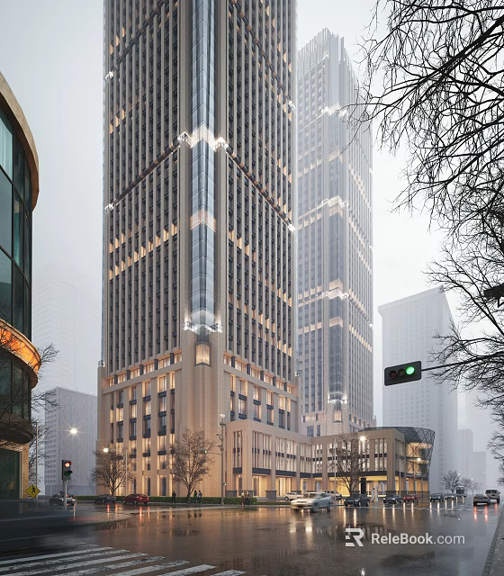 Tall Modern Office Building Exterior With Evening Lighting Surrounding Skyscrapers And Green Traffic Light 3d model 