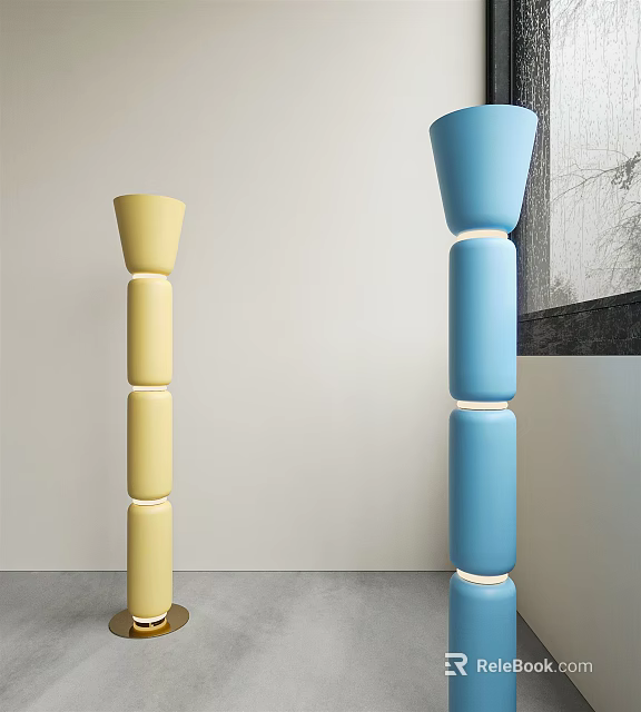 Yellow and Blue Modern Floor Lamps with Sleek Cylindrical Design in Interior 3d model 