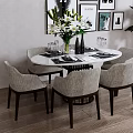 Modern Minimalist Round Dining Table Set With Linen Chairs Flower Vase And Potted Plant