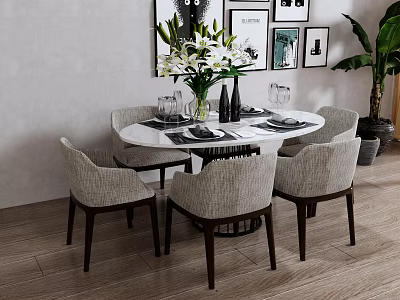 Modern Minimalist Round Dining Table Set With Linen Chairs Flower Vase And Potted Plant 3d model