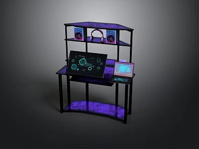 Gaming Computer Desk With Purple LED Lighting Laptop Digital Graphics And Speakers On Shelves 3d model