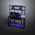 Gaming Computer Desk With Purple LED Lighting Laptop Digital Graphics And Speakers On Shelves
