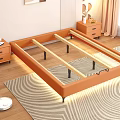 Modern Double Bed with Pillows Nightstands LED Lights and Wooden Floor Rug