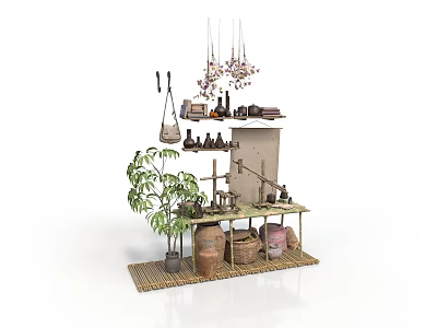 Rustic Decorative Shelf Display With Potted Plant Woven Baskets And Hanging Tools 3d model
