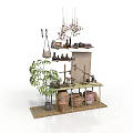 Rustic Decorative Shelf Display With Potted Plant Woven Baskets And Hanging Tools