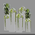 Green and White Flowers Arrangement with Hanging Green Vines in White Cube Vases