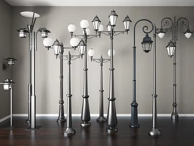 Various Styles Outdoor Lights With Metal Construction And Globular Shades For Garden Street Use 3d model