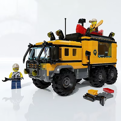 Detailed Yellow Lego Off-Road Vehicle With Minifigure Tools And Spare Parts 3d model