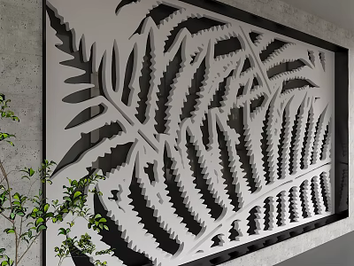 Modern White Carved Wall with Detailed Fern Patterns and Decorative Design 3d model
