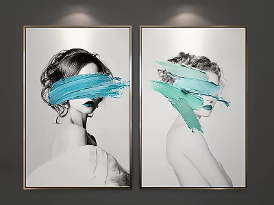 Portrait Artworks With Colorful Brush Strokes Covering Faces Black And White Background Golden Frames 3d model