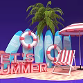 Summer Beach Scene With Surfboards Life Rings Palm Tree And Deck Chair